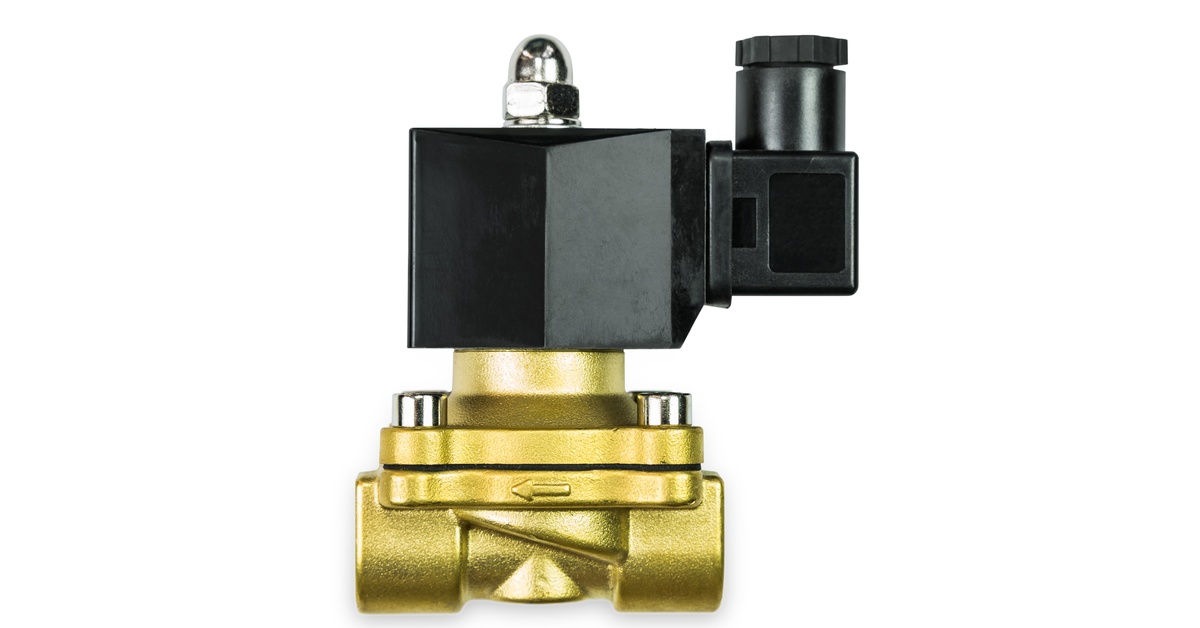 A black and gold solenoid valve in front of a white background. The valve has a small arrow pointing left.