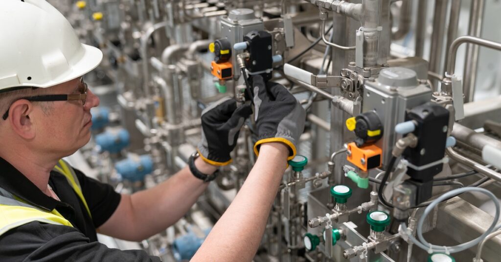 A man wearing gloves and a helmet adjusting a component on a complex system of stainless steel pipes and valves.