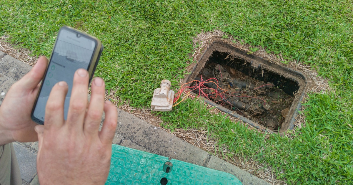 A person uses a smartphone near an irrigation control box in the ground with wires and a solenoid valve visible.