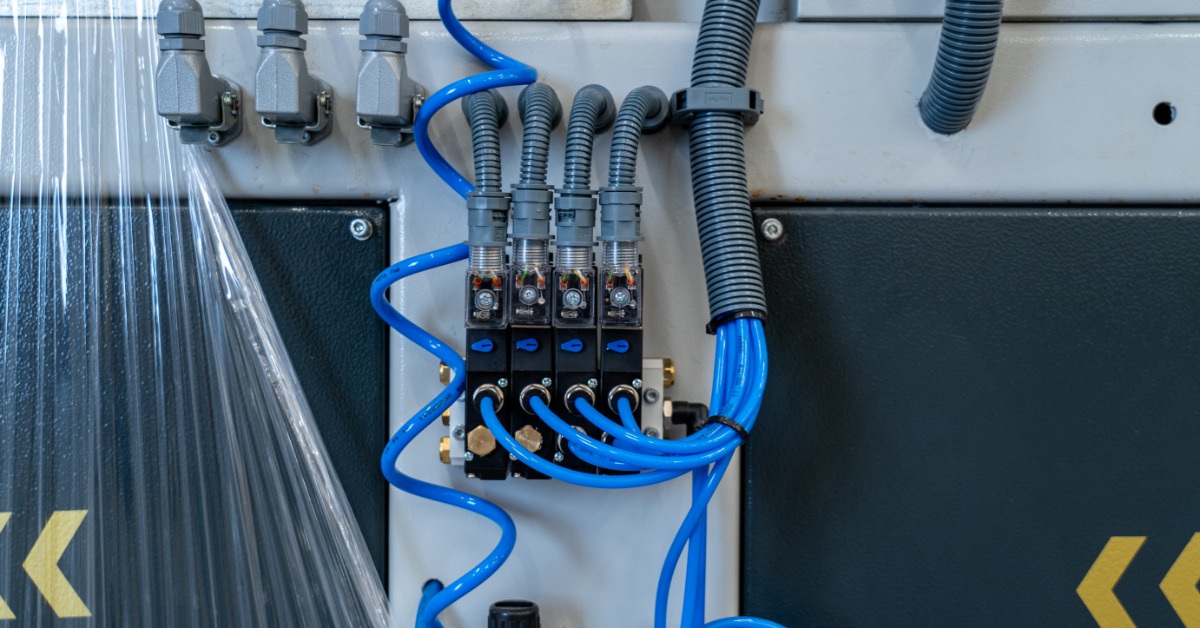 An industrial system features solenoid valves and has gray ribbed tubing coming out the top and blue tubing from the side.