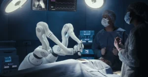 Two surgeons stand in a surgical room looking at monitors. A white surgical arm is ready to operate on the patient.