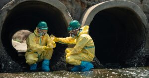Two men wearing yellow hazmat suits, blue booties, and green hard hats are squatting to test contaminated water.
