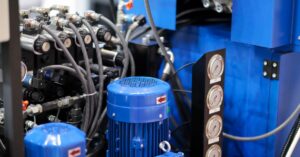 A hydraulic system features blue metal, gray tubes, and several pressure gauges. A zip tie keeps the tubes organized.