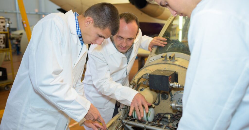 Two young men wearing white lab coats are inspecting a machine with an older gentleman wearing a white lab coat.
